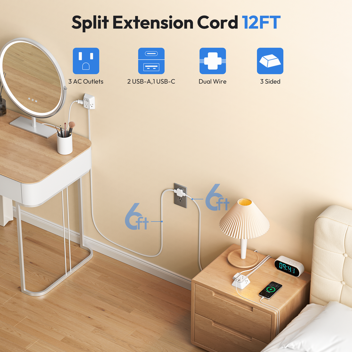 PowerNest Split Extension Cord 12FT Power Strip 3 Outlets 2 USB A 1 Type C