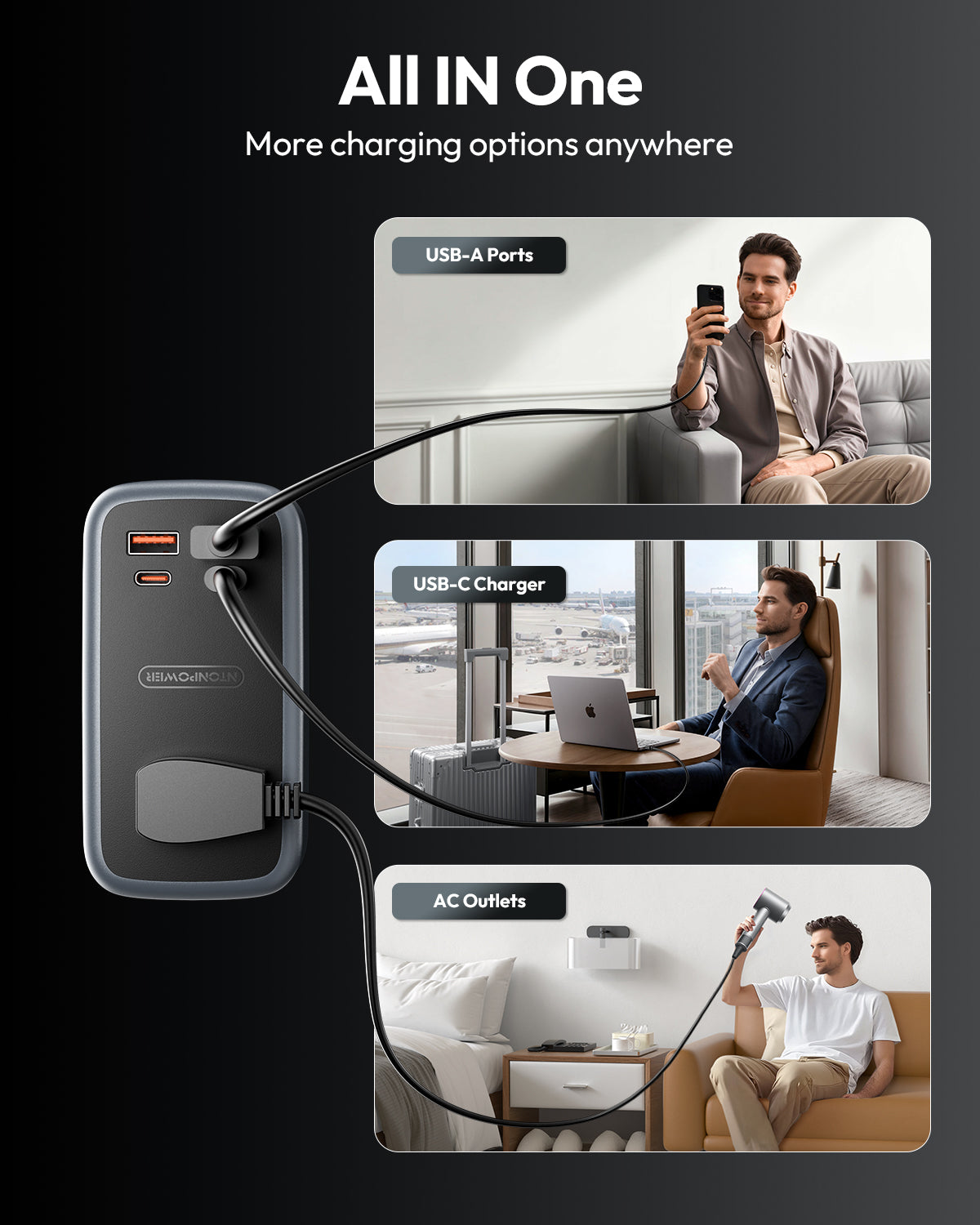 PowerNest GAN Ultra 65W USB  Power Strip, 3 Outlets 2 USB-A 2 USB-C