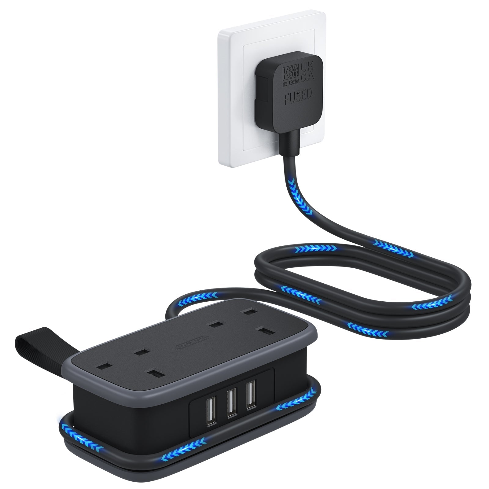PowerNest UK Pocket Power Strip 2 Outlets 3 USB Travel & Cruise