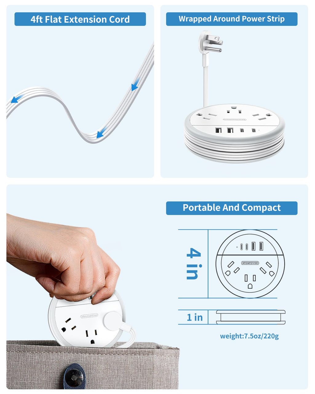 PowerNest New Flat Plug Extension Cord 2 USB C Travel Power Strip