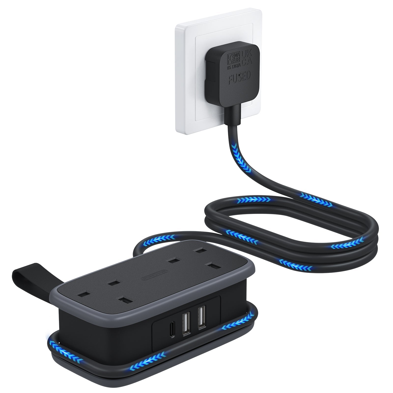 PowerNest UK Pocket Power Strip 2 Outlets 2 USB-A 1 USB-C Travel & Hotel