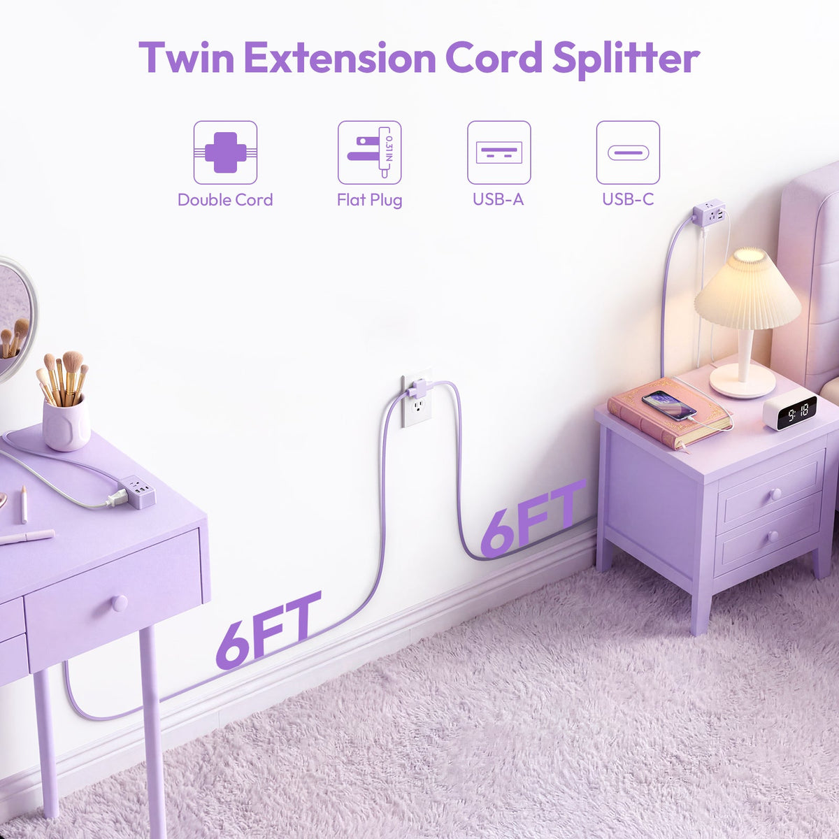 PowerNest Double Extension Cord 12 FT Purple Power Strip 3 Outlets 2 USB A 1 Type C