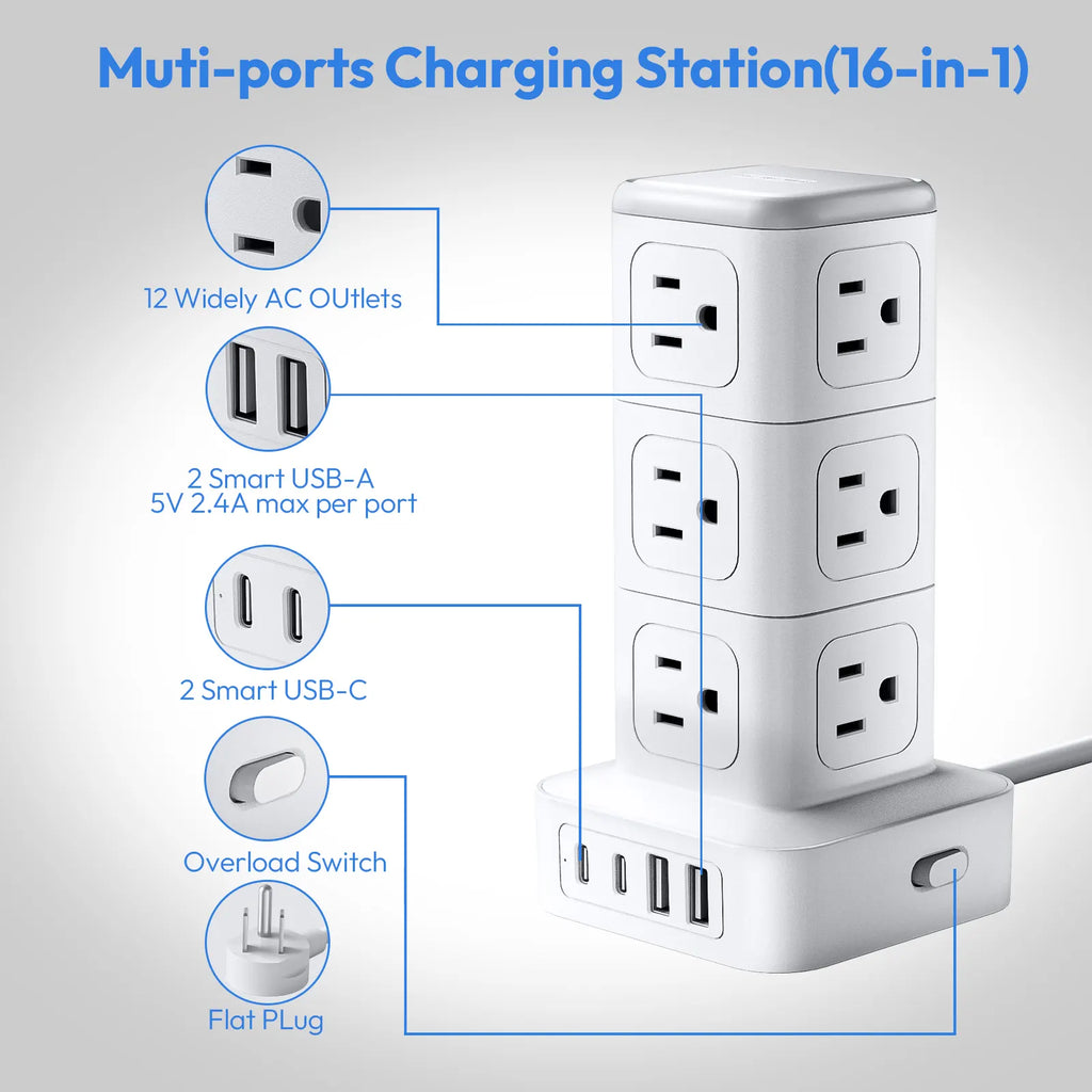 PowerNest New Surge Protector Power Strip Tower 12 Outlets 2 USB-A 2 USB-C