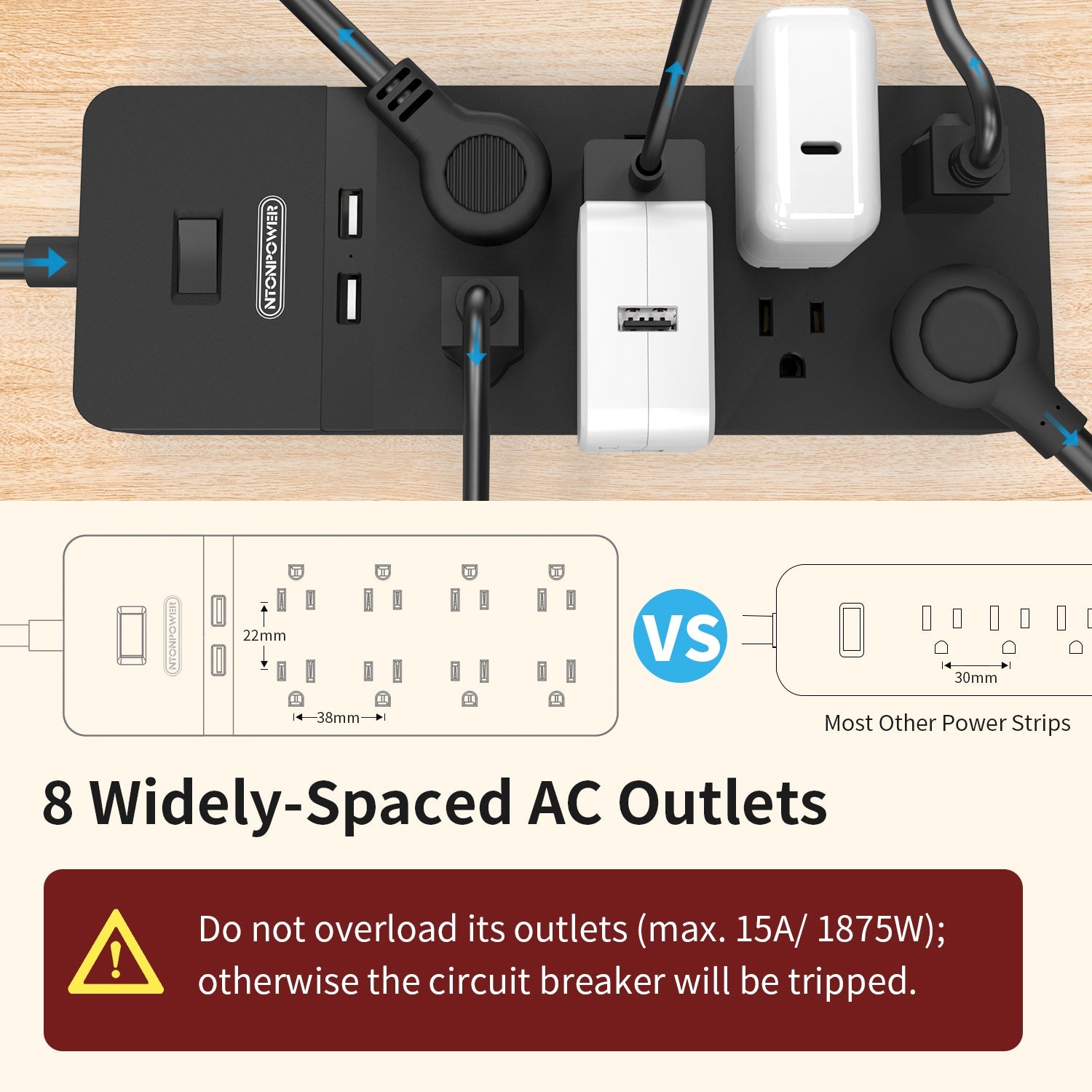 PowerNest Surge Protector Power Strip 10 Outlets 2 USB