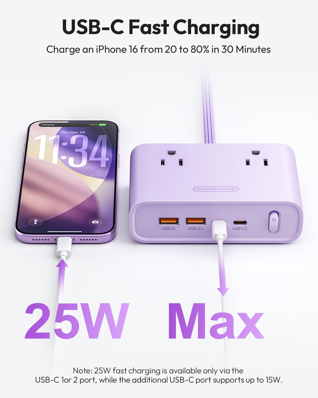 PowerNest Purple Power Strip 4 Outlets 2 USB-A 2 Type C
