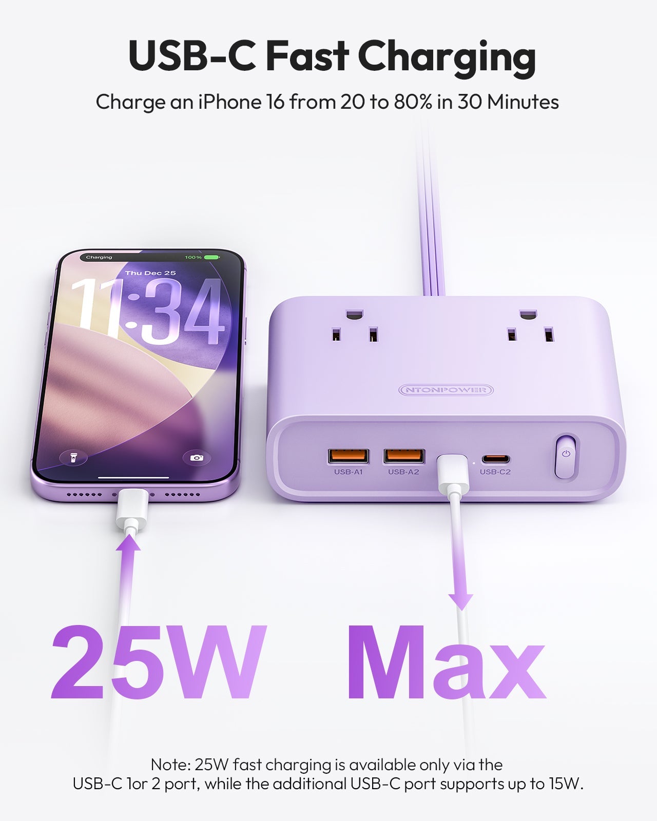 PowerNest Purple Power Strip 4 Outlets 2 USB-A 2 Type C