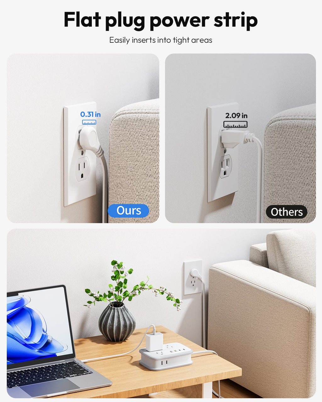 PowerNest Travel Power Strip 6 Outlets 2 USB-A 2USB-C