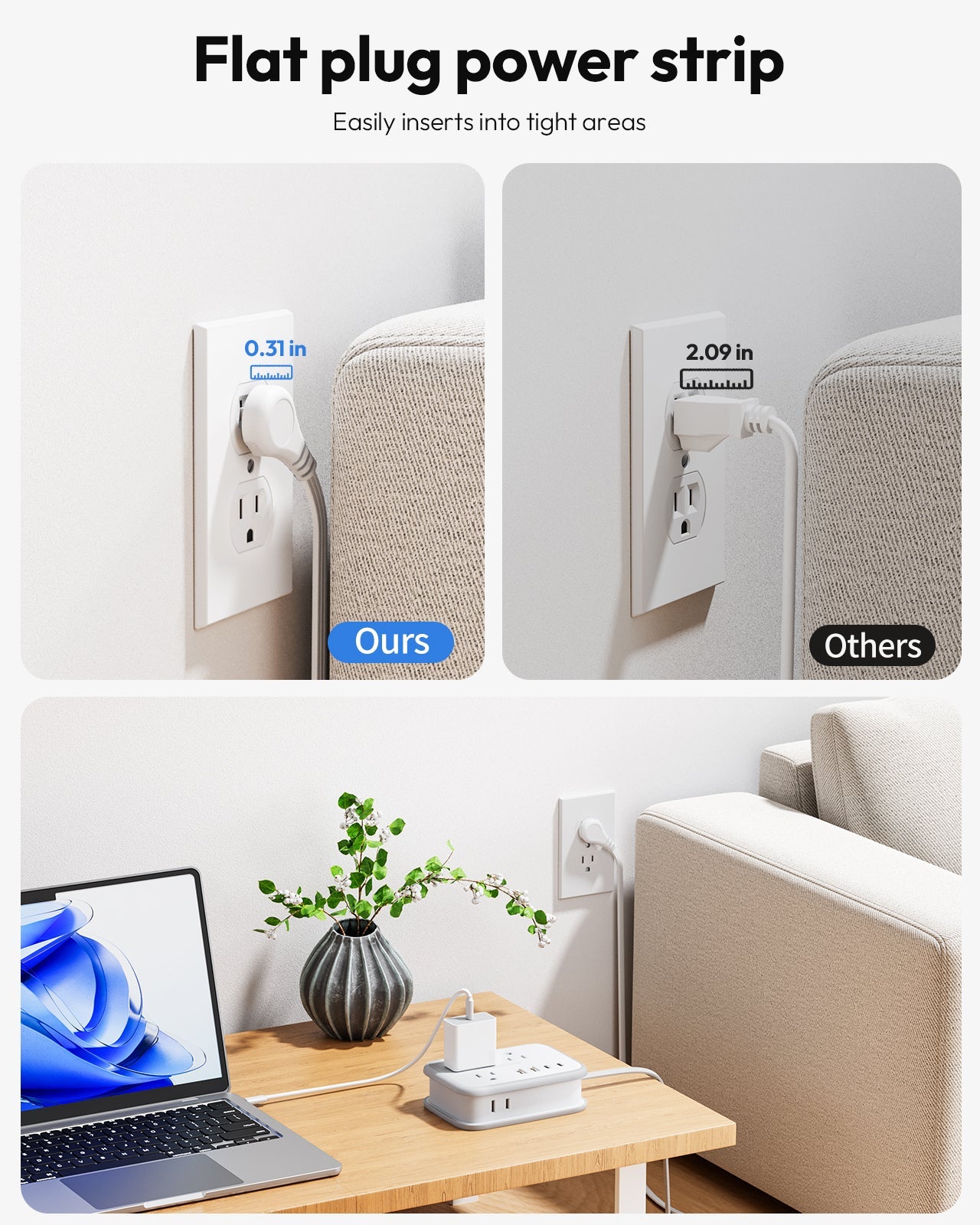 PowerNest Travel Power Strip 6 Outlets 2 USB-A 2USB-C