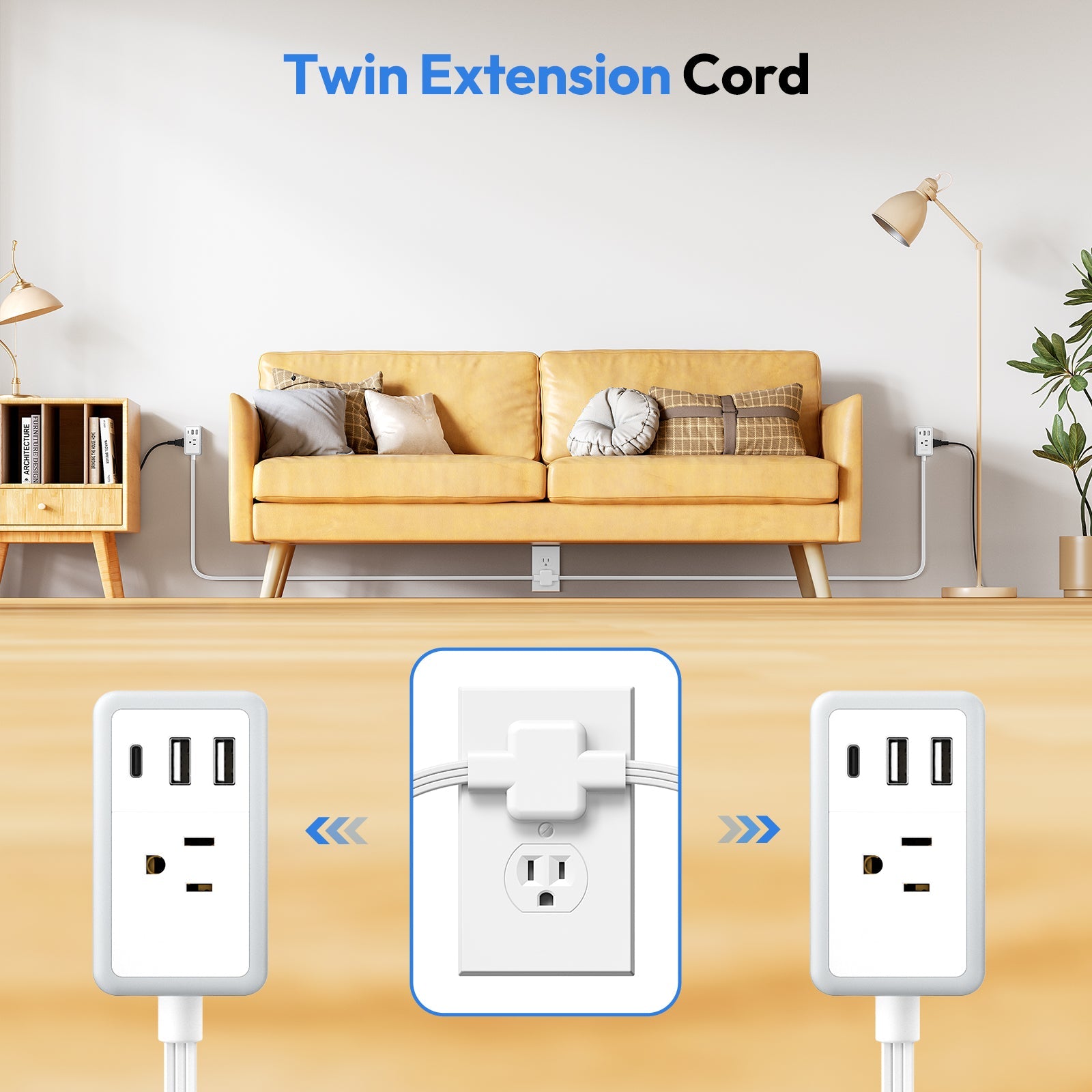PowerNest Double Extension Cord 12 FT Power Strip  3 Outlets 3 USB