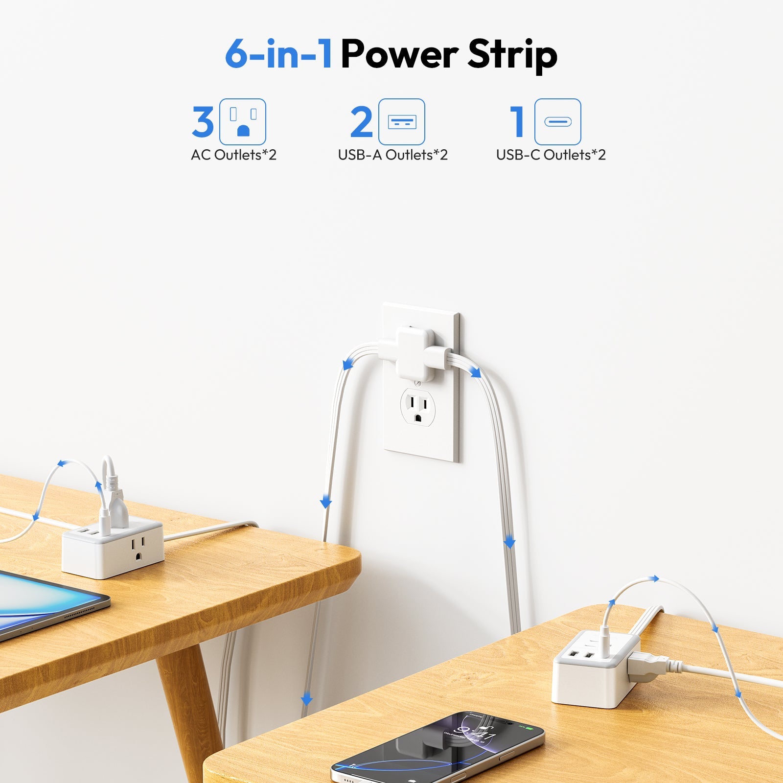 PowerNest Double Extension Cord 12 FT Power Strip  3 Outlets 3 USB
