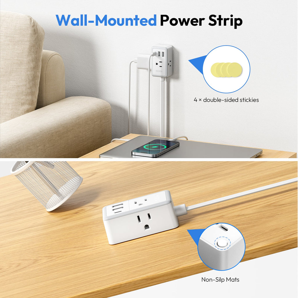 PowerNest Double Extension Cord 12 FT Power Strip  3 Outlets 3 USB