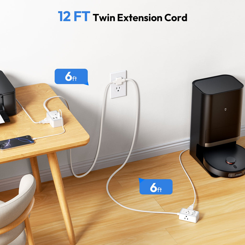 PowerNest Double Extension Cord 12 FT Power Strip  3 Outlets 3 USB