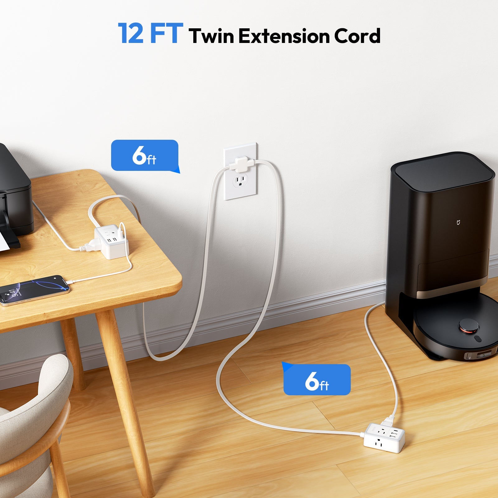 PowerNest Double Extension Cord 12 FT Power Strip  3 Outlets 3 USB