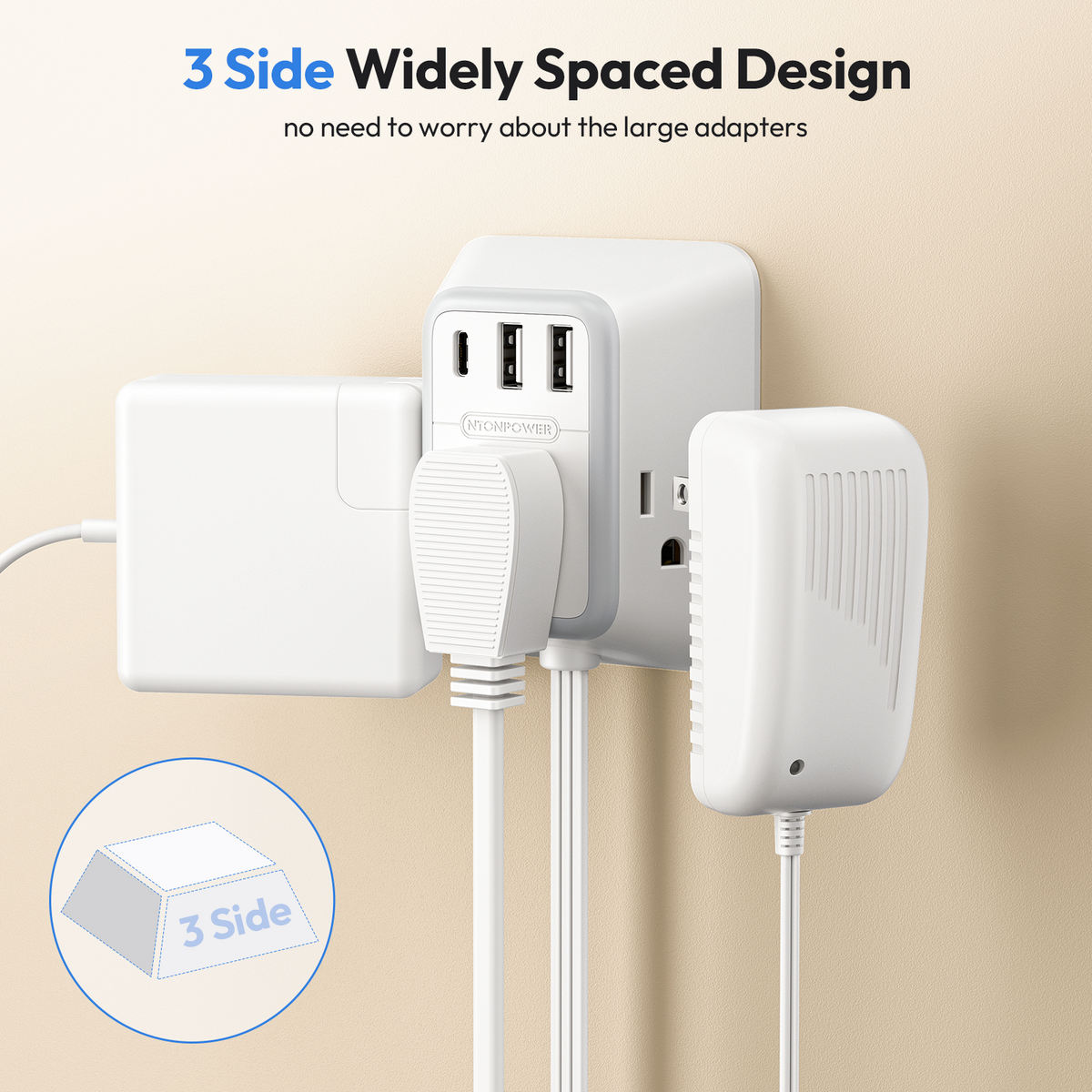 PowerNest Split Extension Cord 12FT Power Strip 3 Outlets 2 USB A 1 Type C