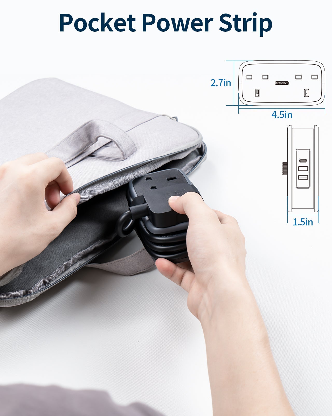 PowerNest UK Pocket Power Strip 2 Outlets 2 USB-A 1 USB-C Travel & Hotel