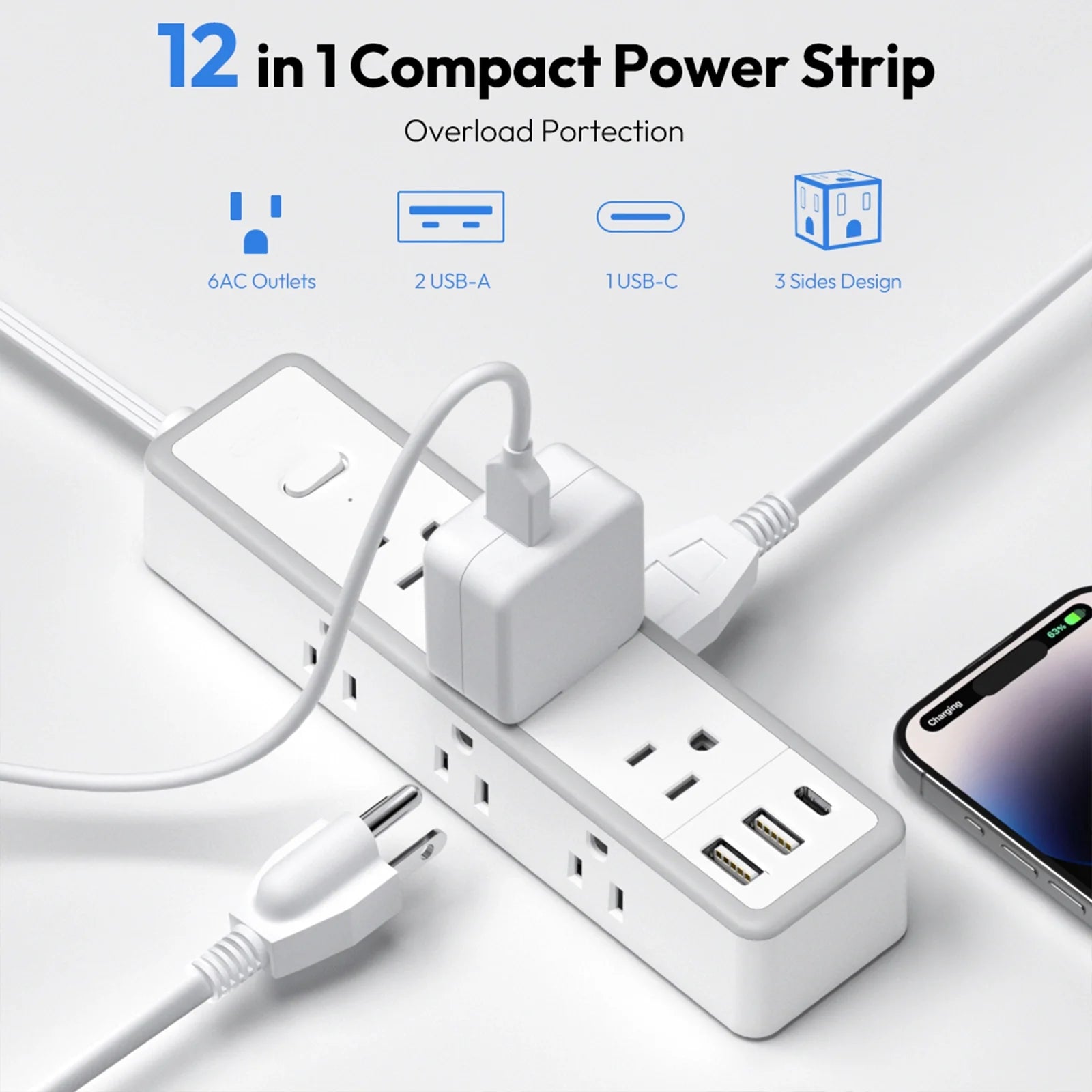 PowerNest Surge Protector  Power Strip 9 Outlets 2 USB-A 1 USB-C