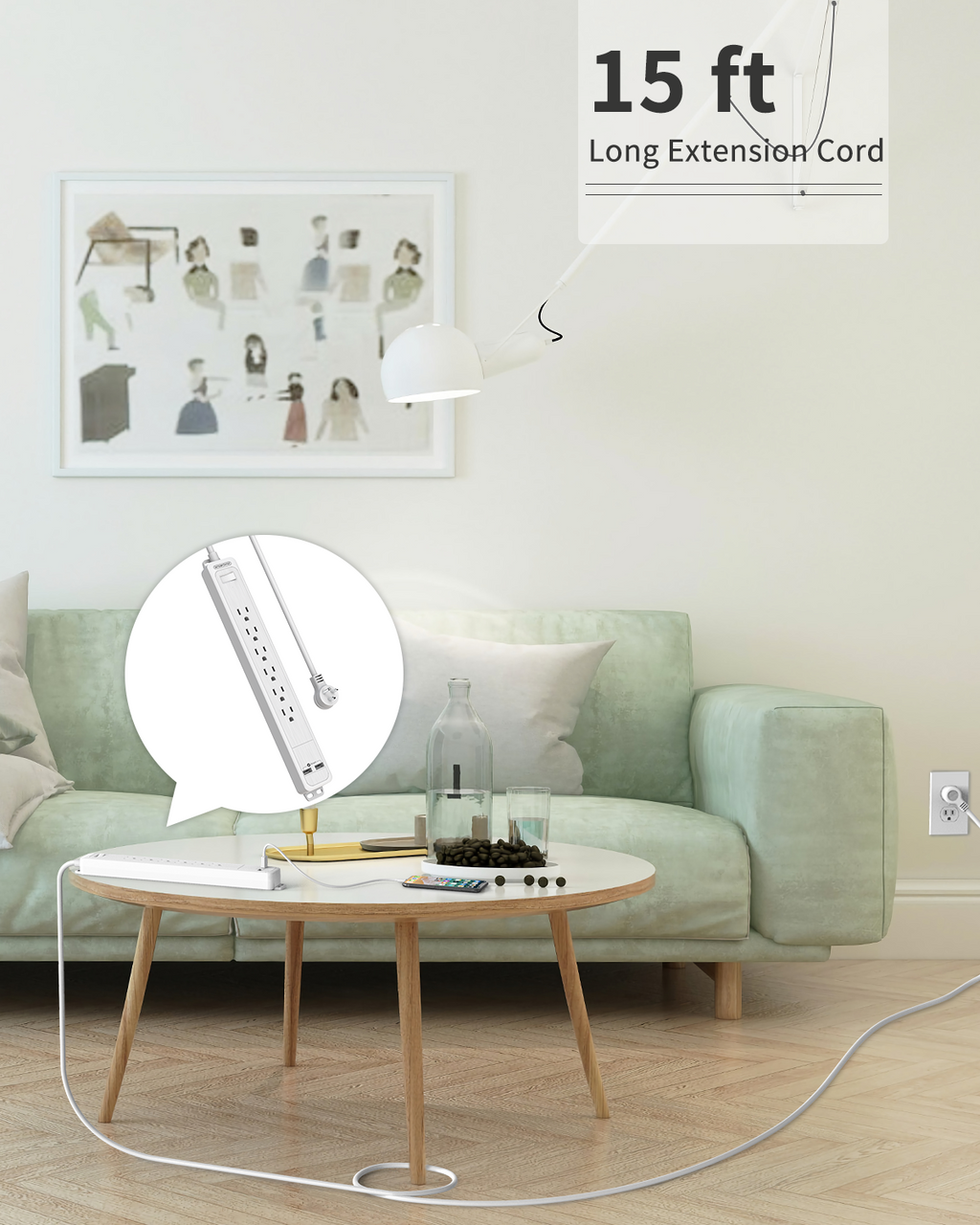 PowerNest 1080J Surge Basic Power Strip 6 Outlets 2 USB