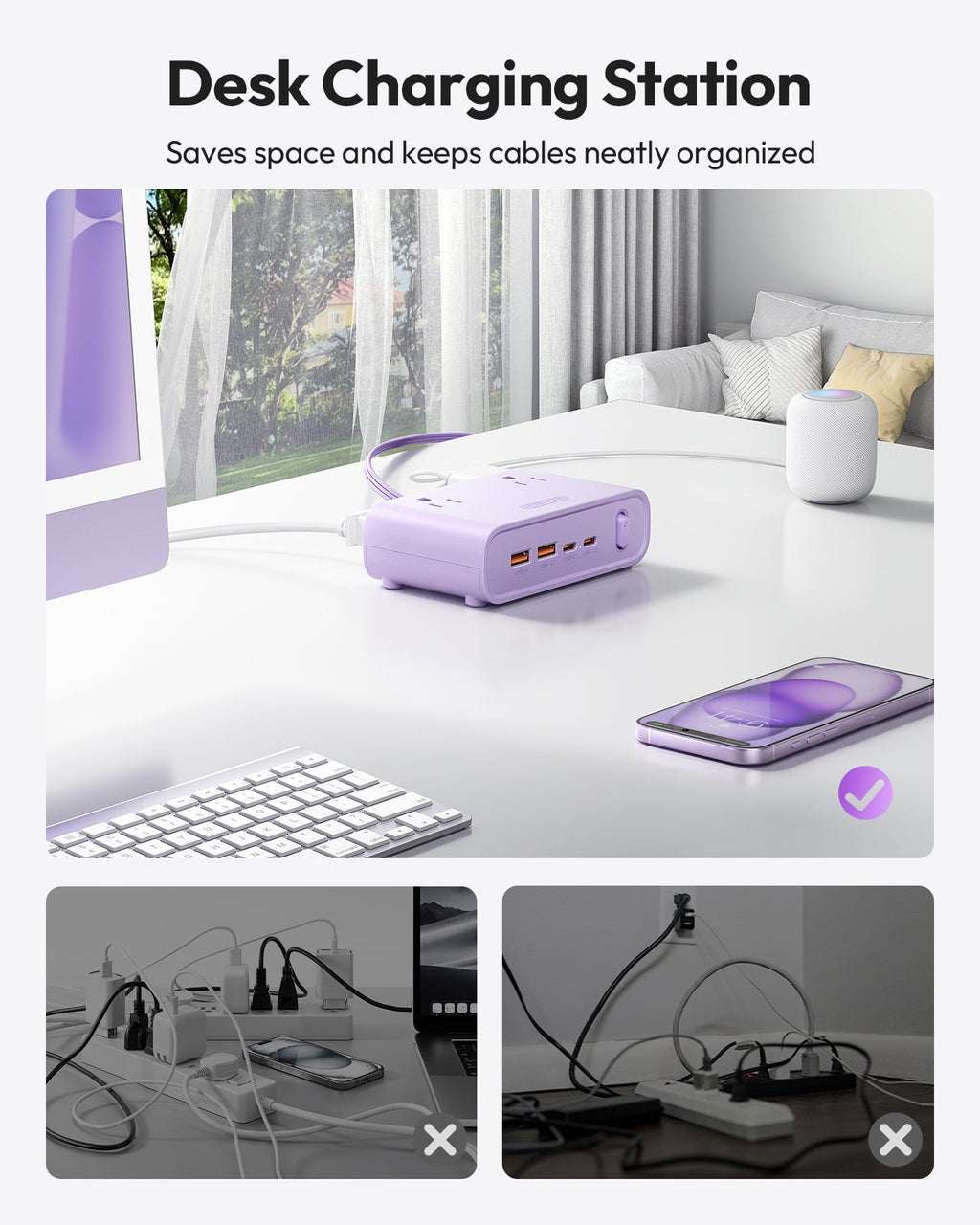 PowerNest Purple Power Strip 4 Outlets 2 USB-A 2 Type C