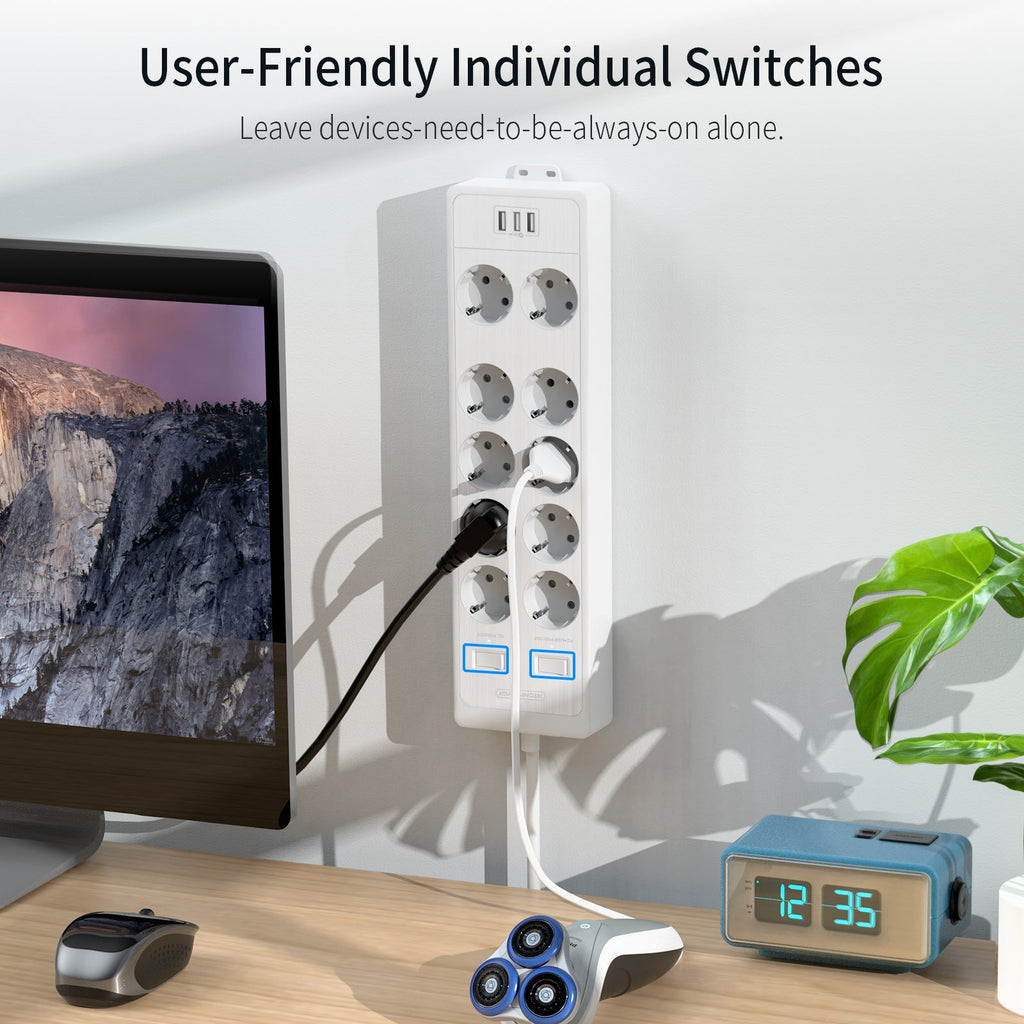 PowerNest EU Surge Protection Power Strip 10 Outlets 3 USB-A