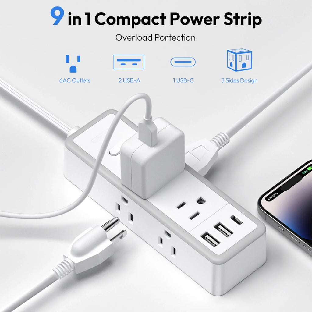 PowerNest Surge Protector Power Strip 6 Outlets 2 USB-A 1 USB-C