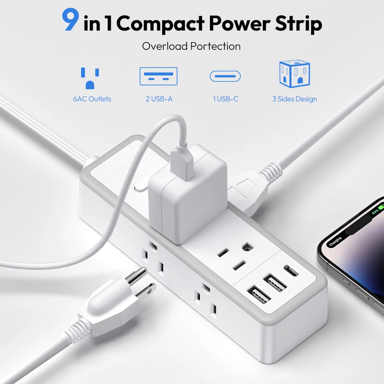 PowerNest Surge Protector Power Strip 6 Outlets 2 USB-A 1 USB-C