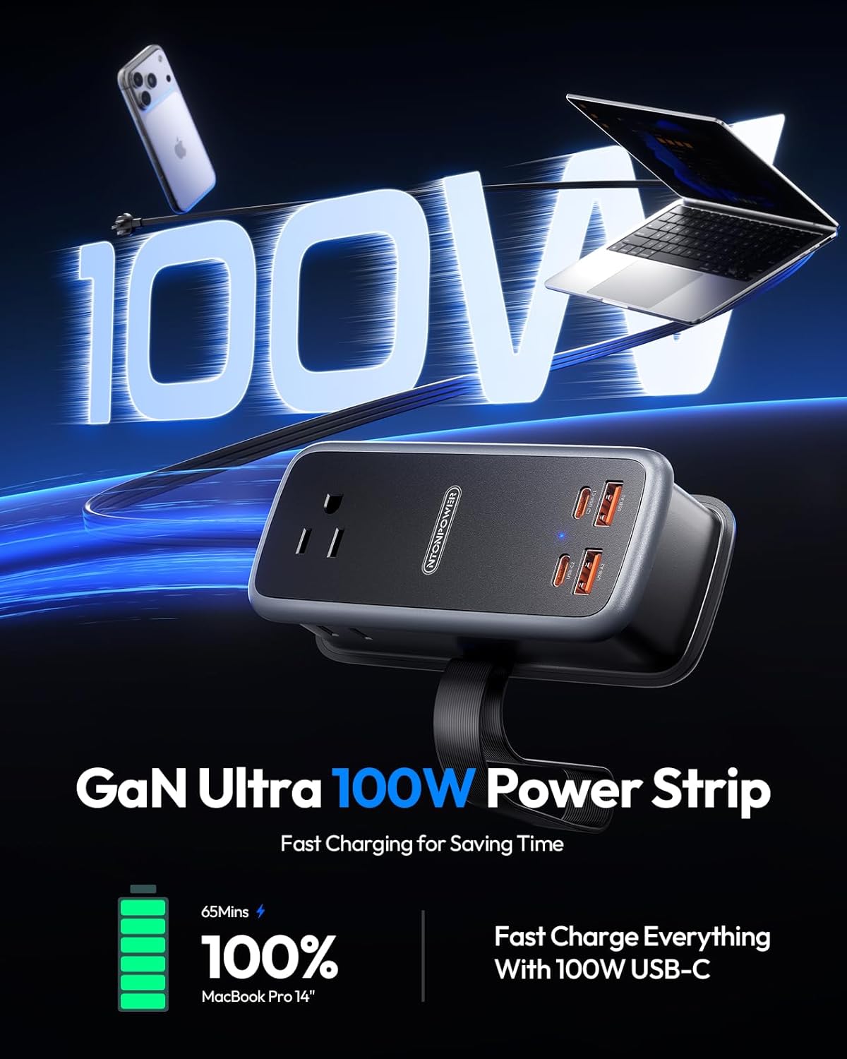 PowerNest GAN Ultra 100W USB  Power Strip, 3 Outlets 2 USB-A 2 USB-C