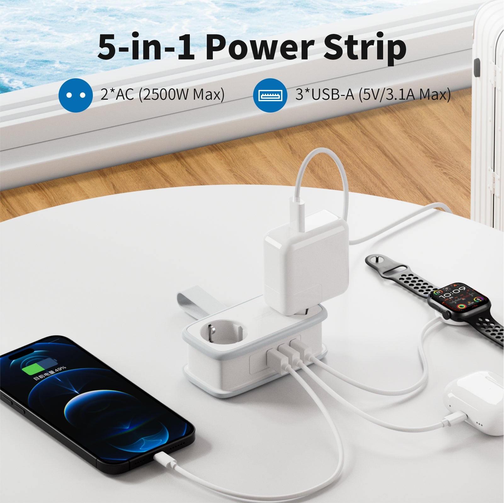 PowerNest New EU Pocket Power Strip 2 Outlets 3 USB-A Cruise Travel