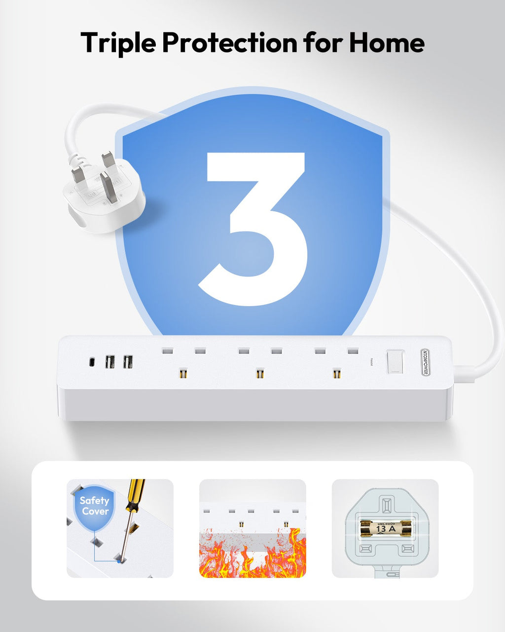 PowerNest UK Surge Protector  3 Outlets 3 USB Ports(1 Type C)