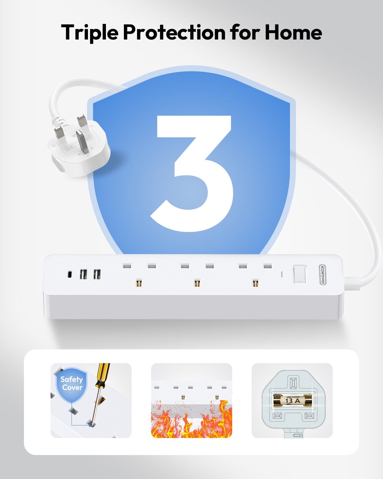 PowerNest UK Surge Protector  3 Outlets 3 USB Ports(1 Type C)