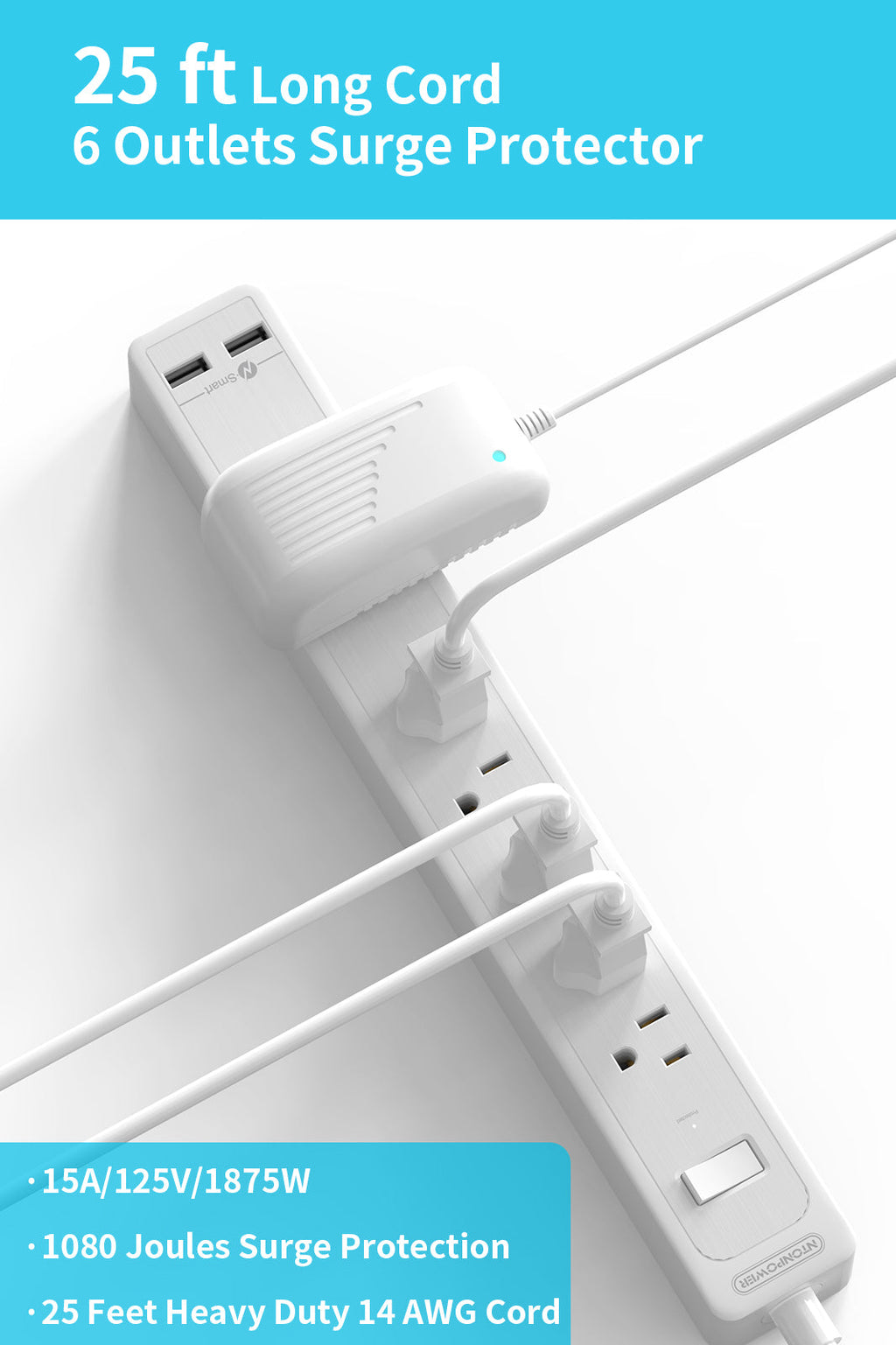 PowerNest Surge Protector 6 Outlets  2 USB 500J