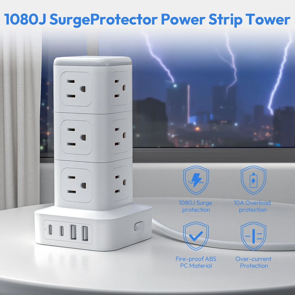 PowerNest New Surge Protector Power Strip Tower 12 Outlets 2 USB-A 2 USB-C