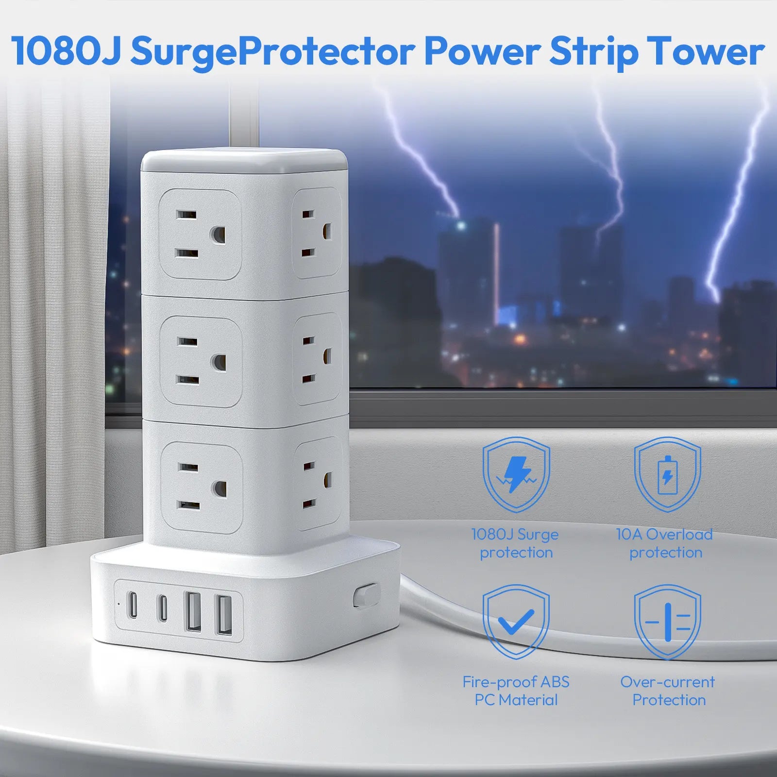 PowerNest New Surge Protector Power Strip Tower 12 Outlets 2 USB-A 2 USB-C
