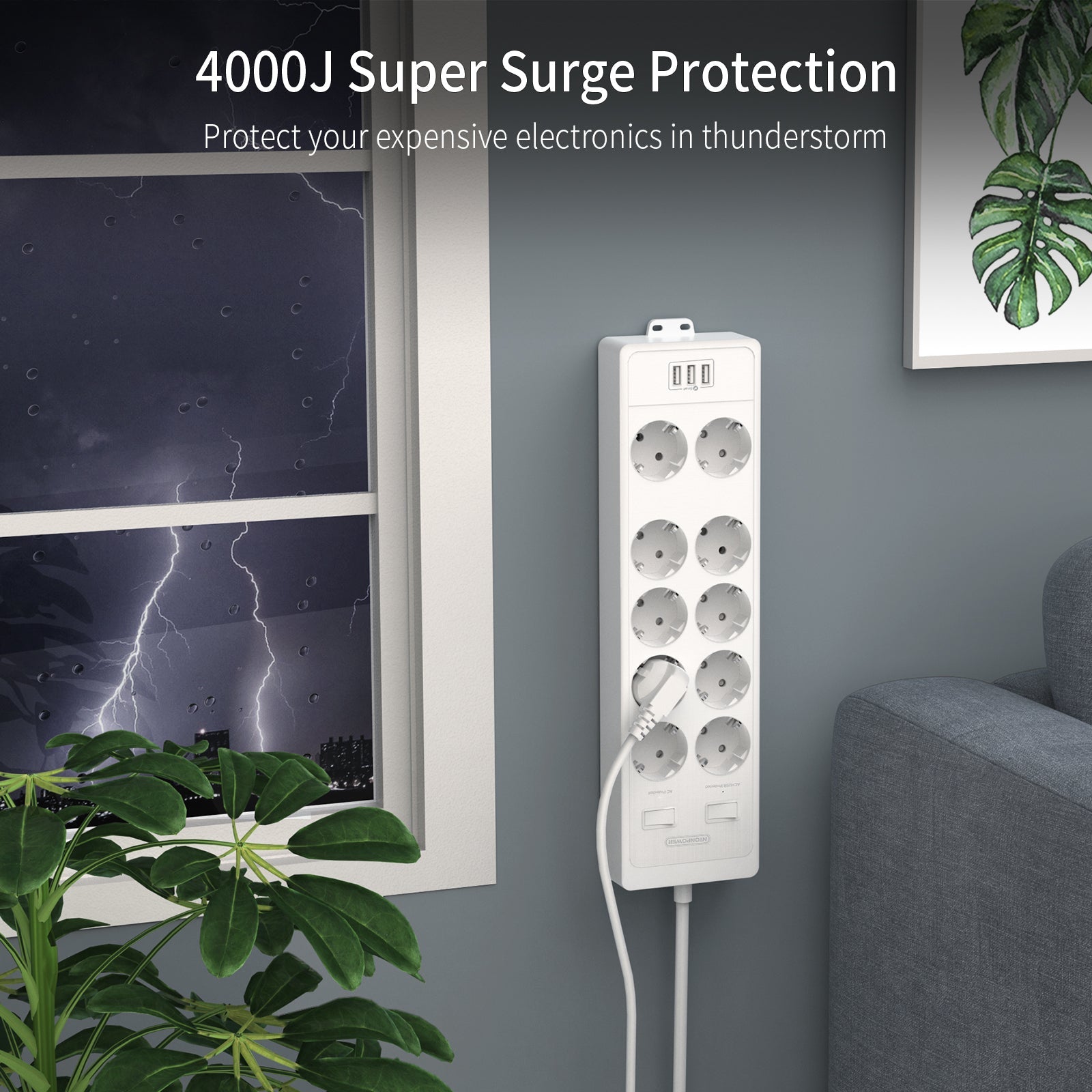 PowerNest EU Surge Protection Power Strip 10 Outlets 3 USB-A