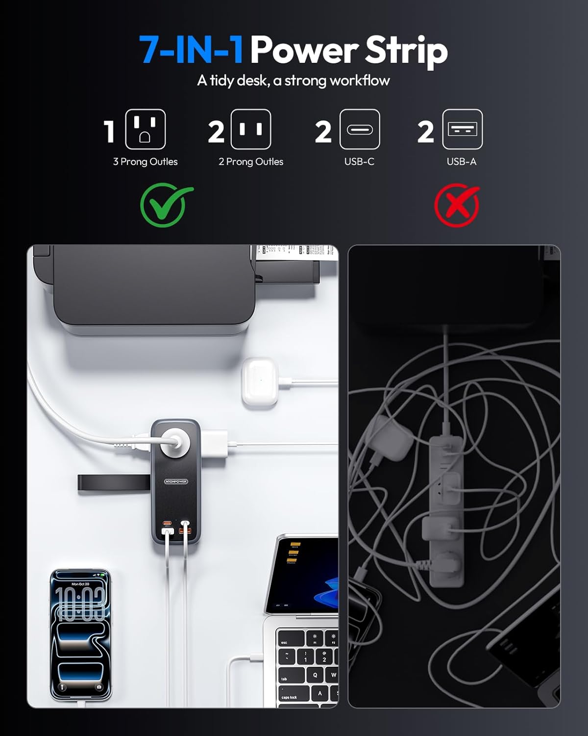 PowerNest GAN Ultra 100W USB  Power Strip, 3 Outlets 2 USB-A 2 USB-C