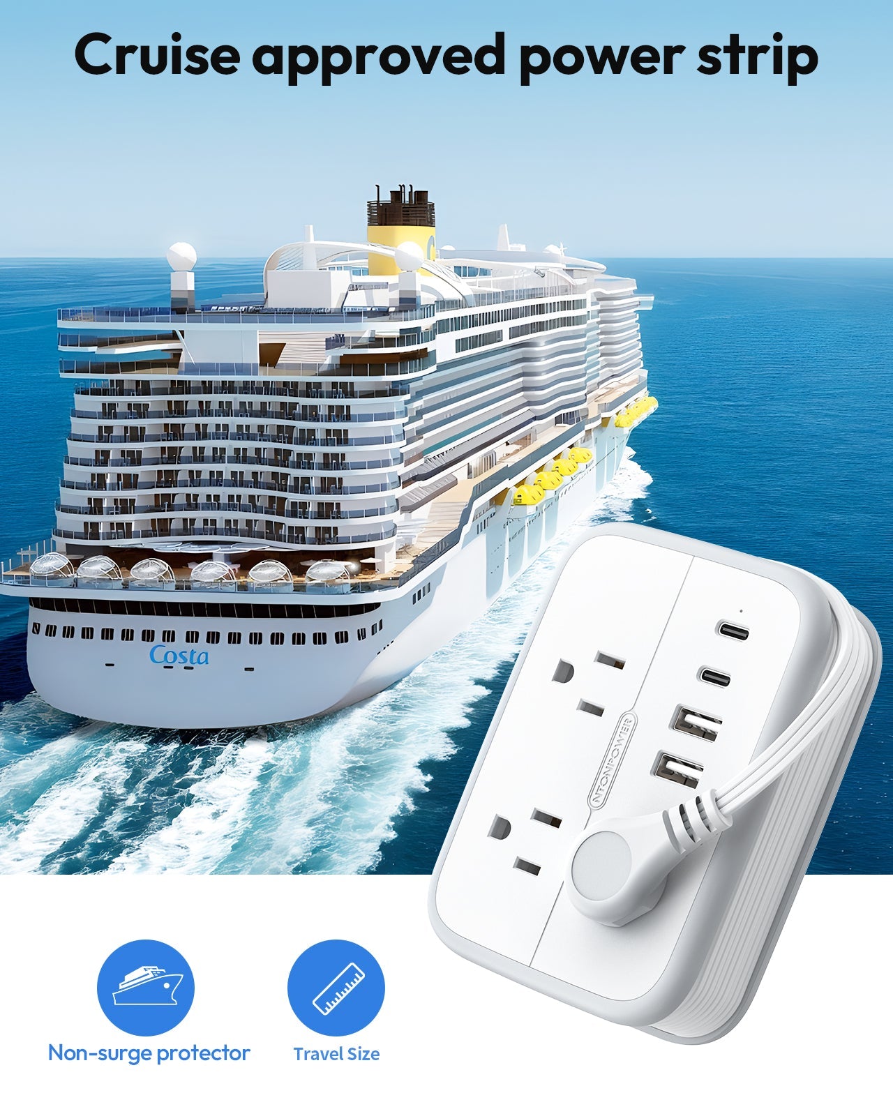 PowerNest Travel Power Strip 6 Outlets 2 USB-A 2USB-C