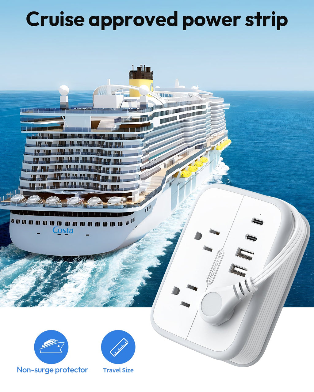 PowerNest Travel Power Strip 6 Outlets 2 USB-A 2USB-C