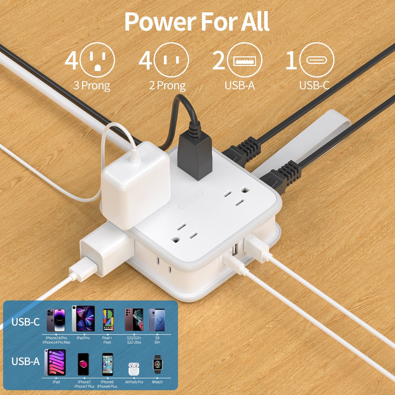 PowerNest Powercube Power Strip 8 Outlets 3 USB Wrapped Cord