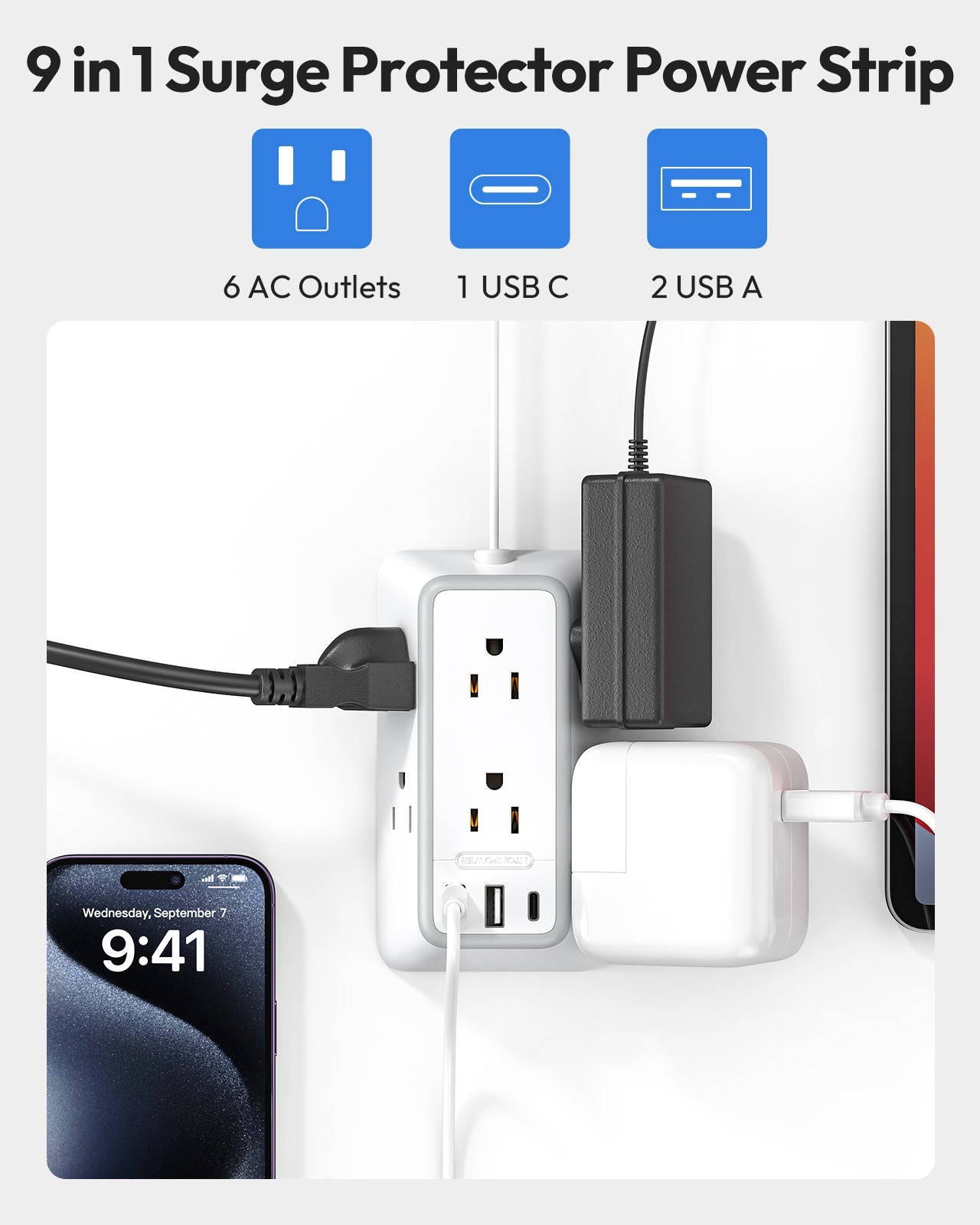 PowerNest 3-Sided Power Strip 6 Outlets 2 USB-A 1 USB-C