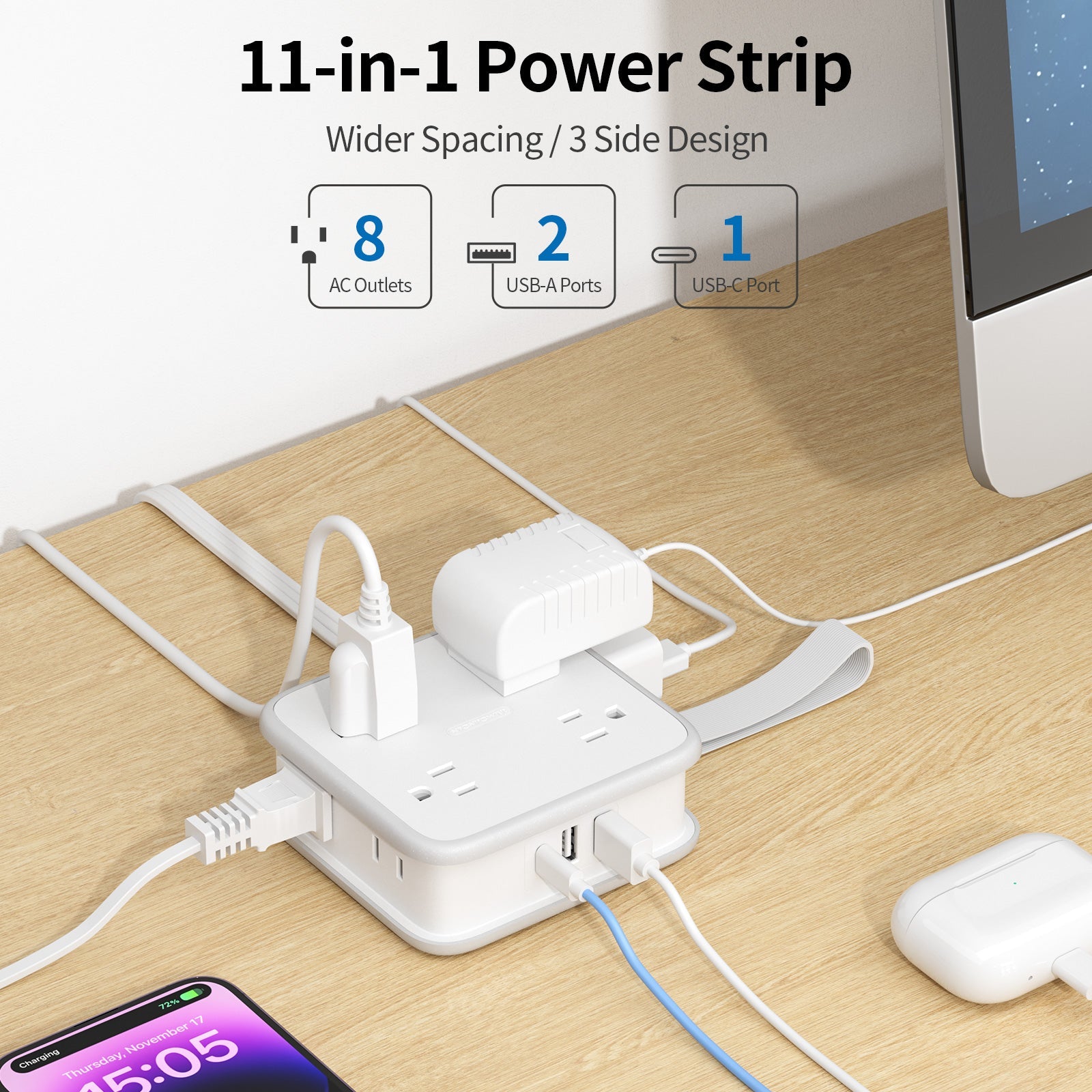PowerNest Power Cube 8 Outlets 3 USB Ports Flat Cord