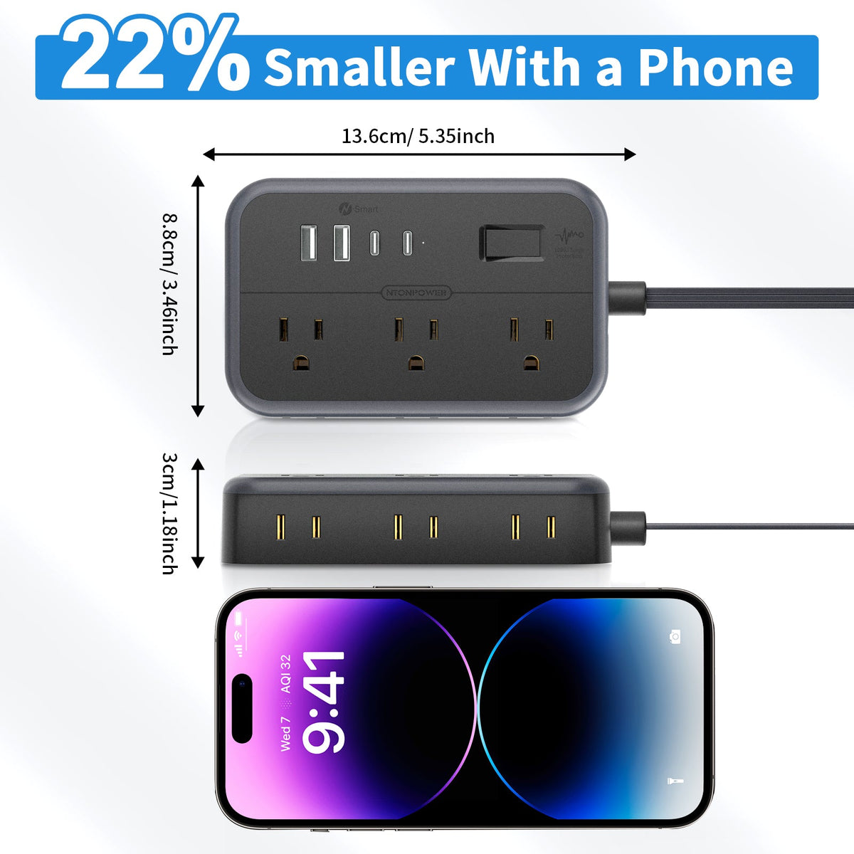 PowerNest New Surge Basic Power Strip 6 Outlets 2 USB 2 TYPE-C Flat Cord