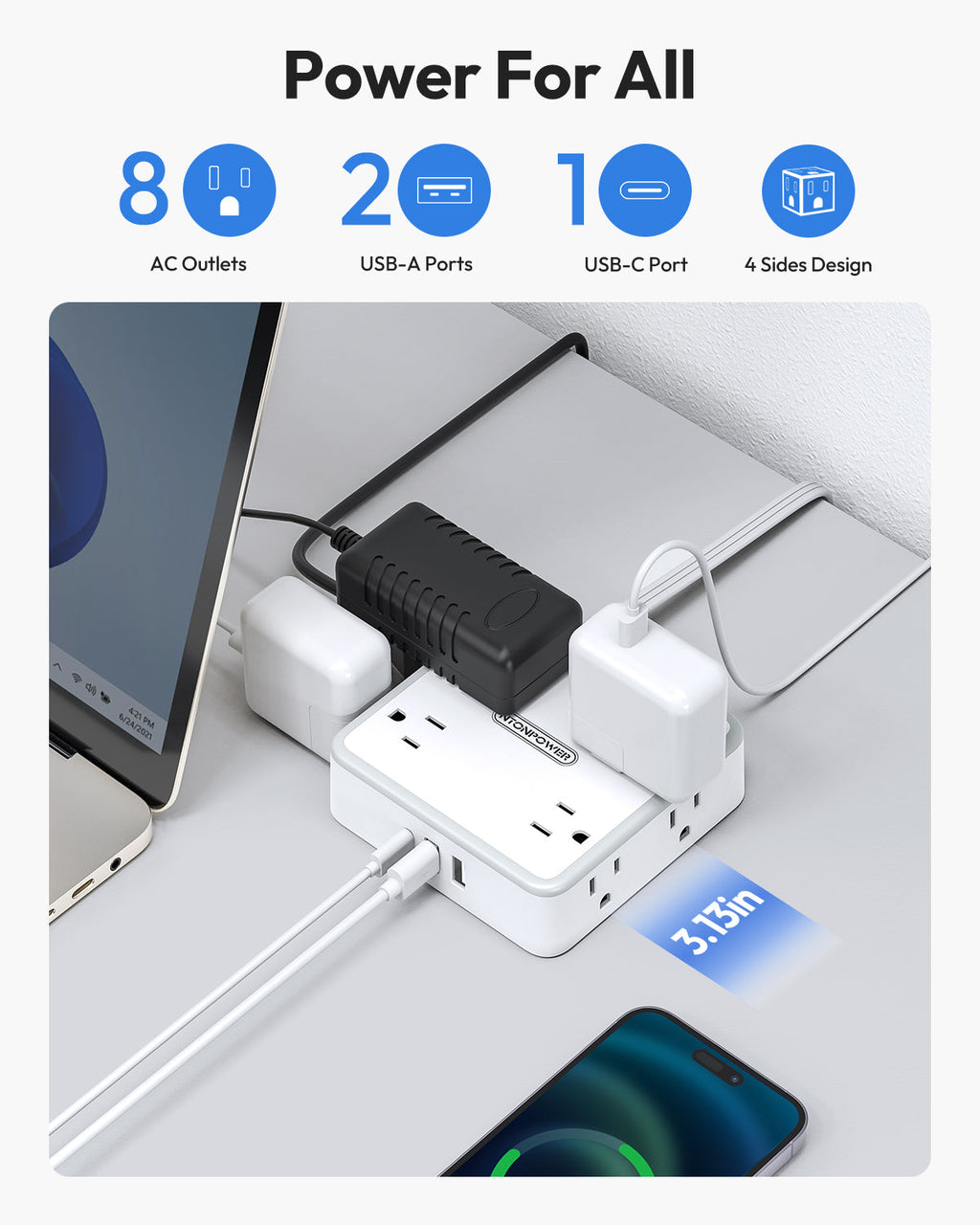 PowerNest Widecube Power Strip 8 Outlets 2 USB-A 1 USB-C