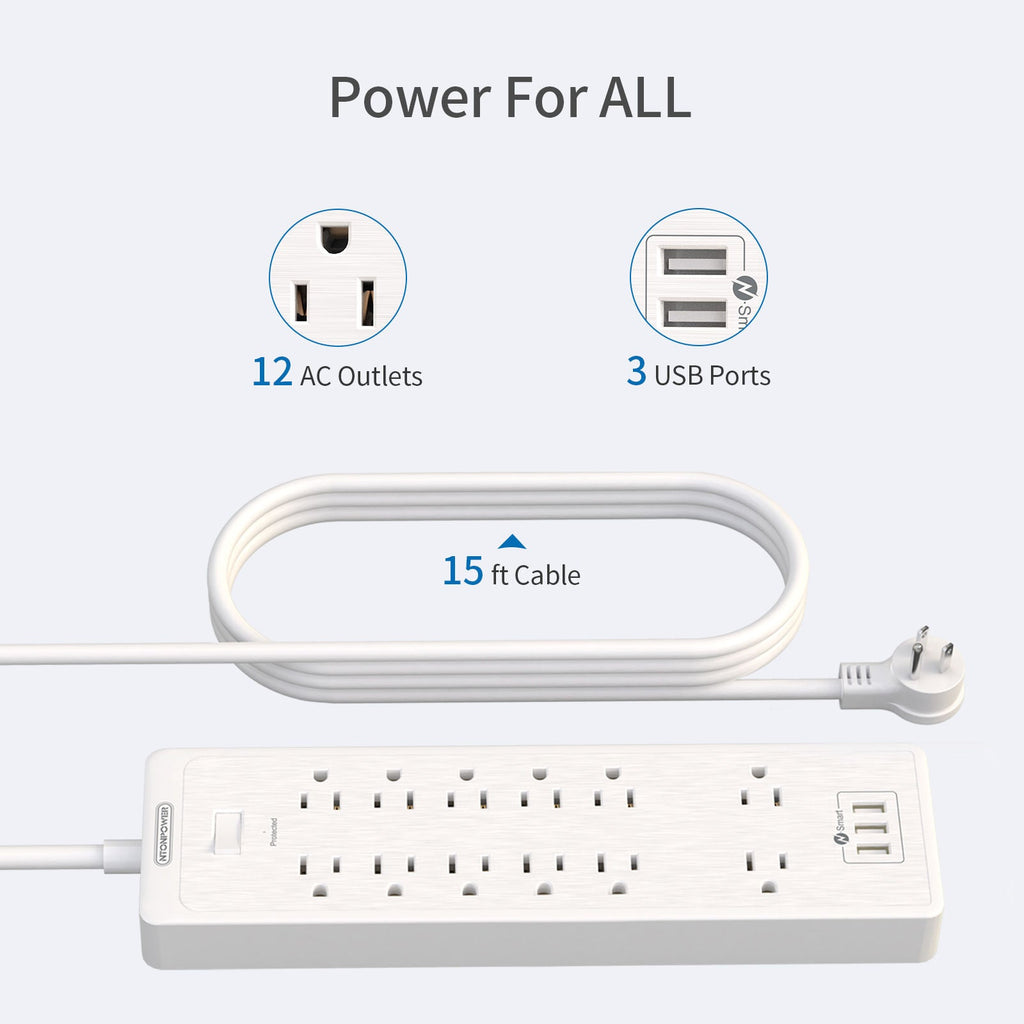 PowerNest SurgePro Power Strip 12 Outlets 3 USB Heavy Duty 2100J