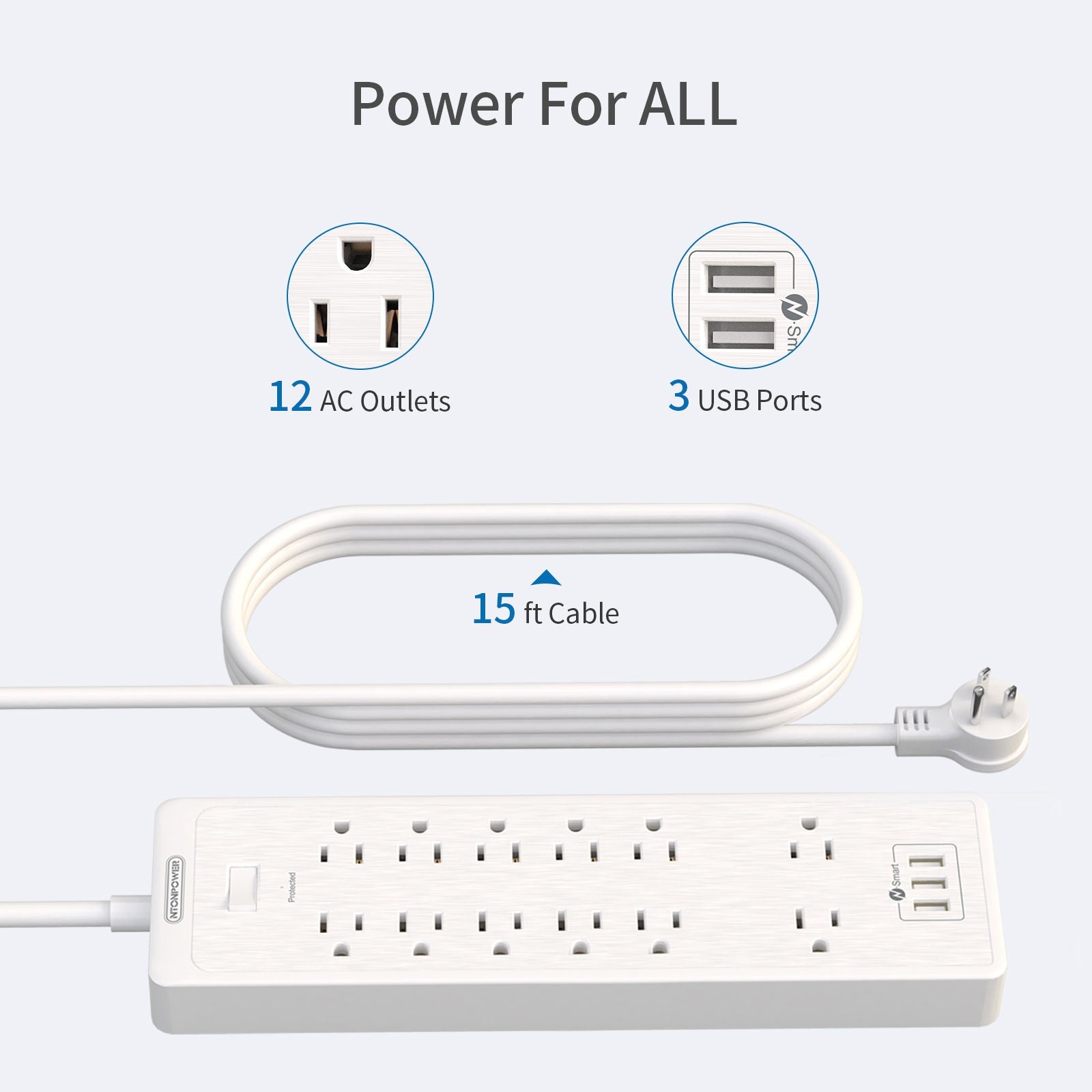PowerNest SurgePro Power Strip 12 Outlets 3 USB Heavy Duty 2100J