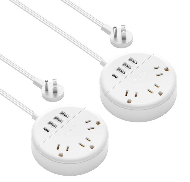 2 Pack Travel Power Strip, PowerNest Flat Plug Power Strip with USB, 3 Outlet 4 USB Desktop Charging Station with 5ft Power Cord Wall Mount for Cruise, Travel, Hotel, Nightstand and Office, White