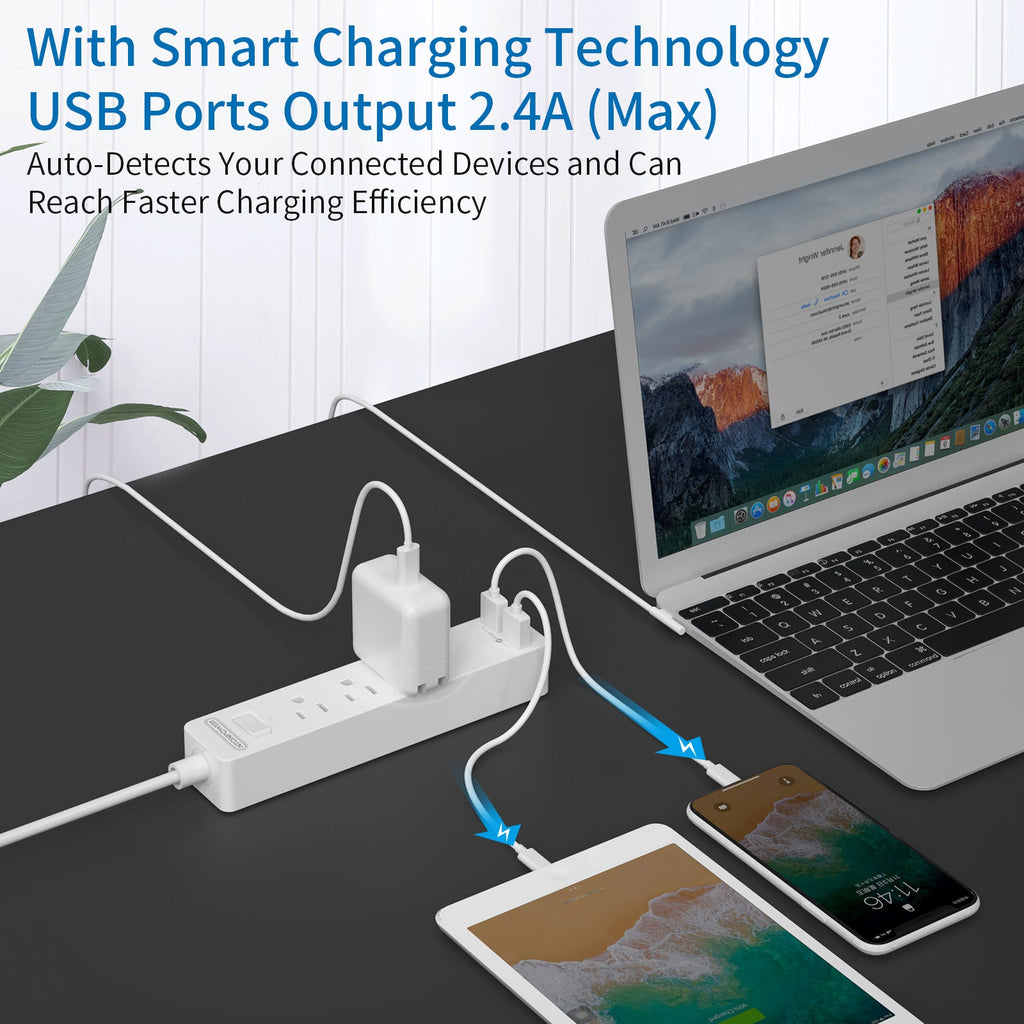 PowerNest Power Strip 3 Outlets 2 USB  Flat Cord