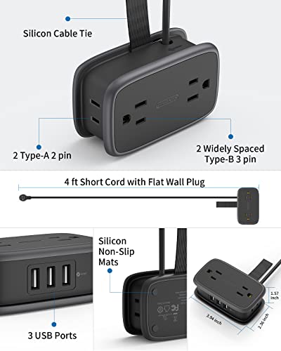 PowerNest Pocket Power Strip 4 Outlets 3 USB Ports(1 Type C)