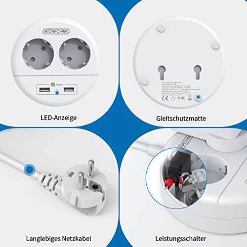 PowerNest EU Power Strip 2 Sockets 2 USB Small&Travel