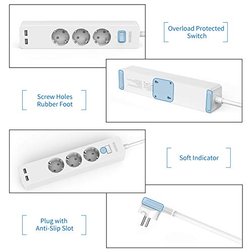 PowerNest EU Power Strip 3 Socket 2 USB Overvoltage Protection