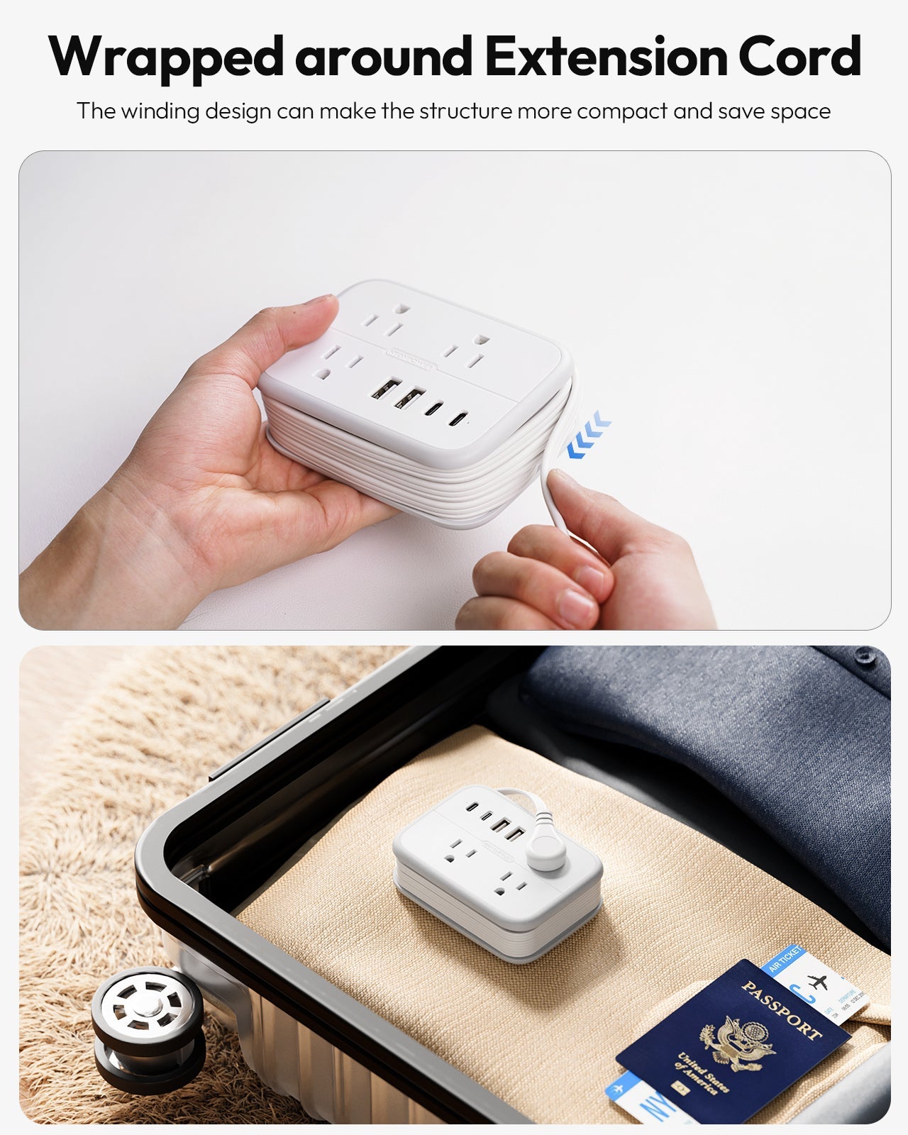 PowerNest Travel Power Strip 6 Outlets 2 USB-A 2USB-C