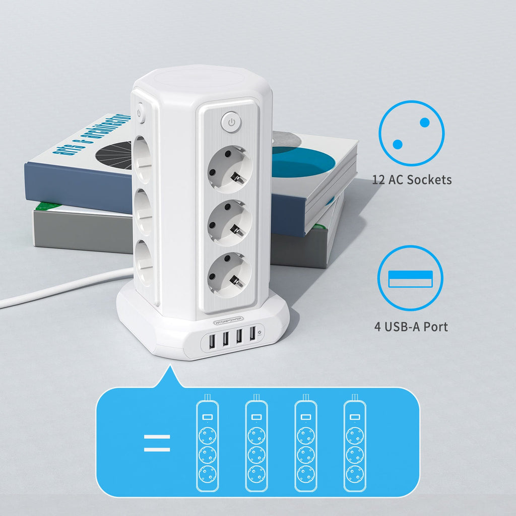 PowerNest EU Surge Protection Power Strip Tower 12 Outlets 4 USB 1080J